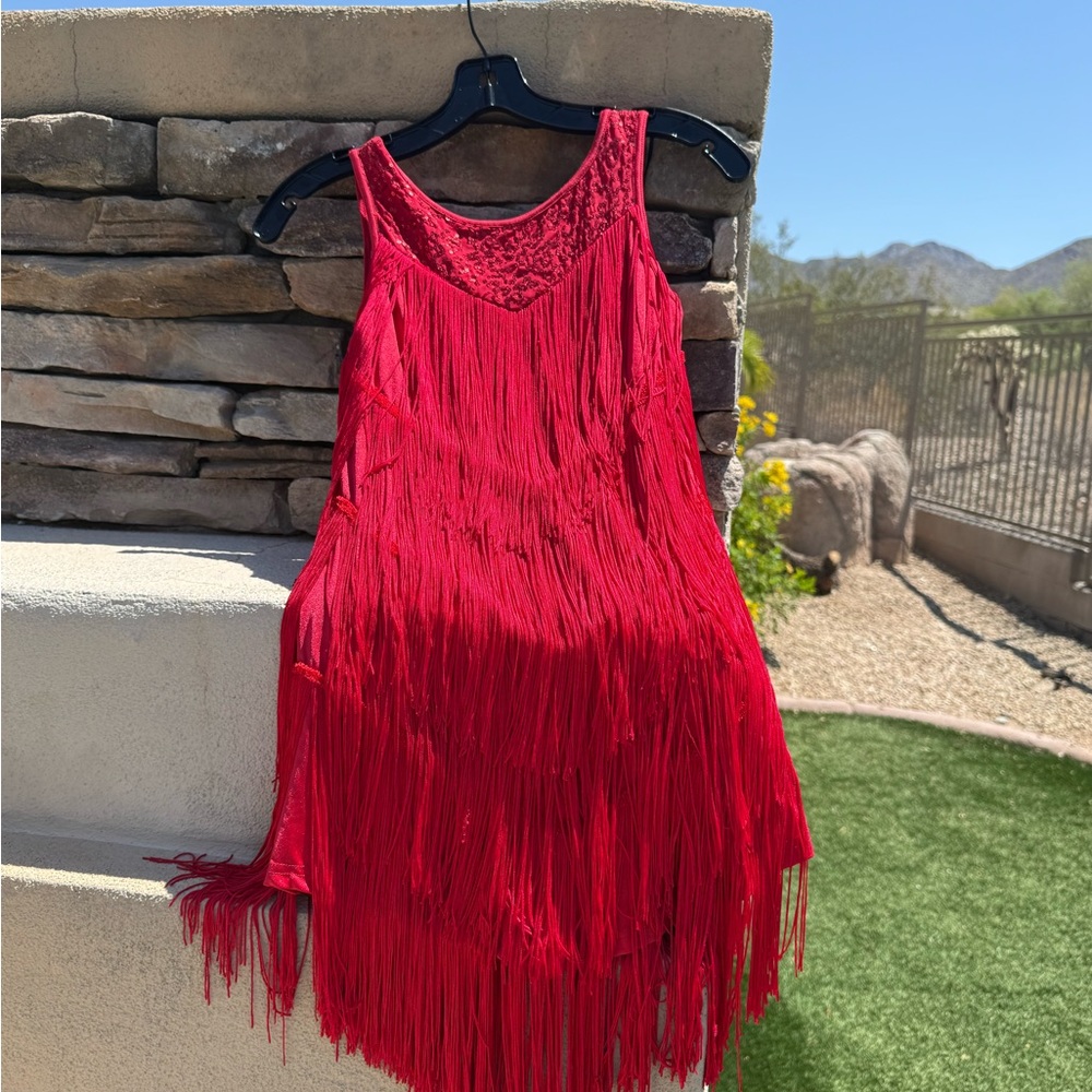 Red fringe dance performance leotard/costume women’s size small by Balera.